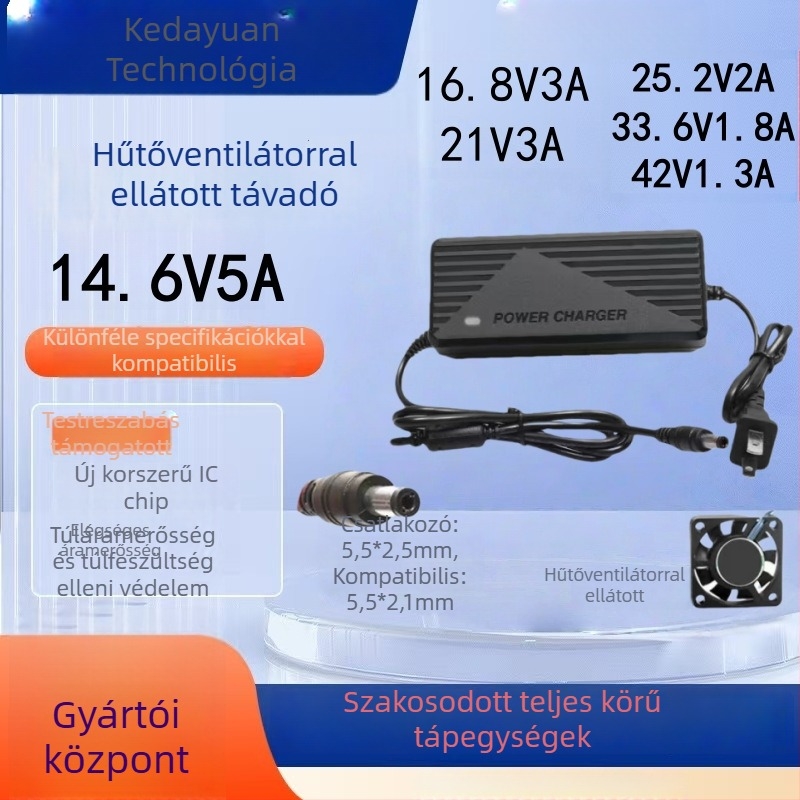 Li-ion akkumulátor töltő, több kimenet: 14.6V/5A, 16.8V/3A, 21V/3A, 25.2V/2A, 33.6V/1.8A, 42V/1.3A; Bemenet 100-240V AC