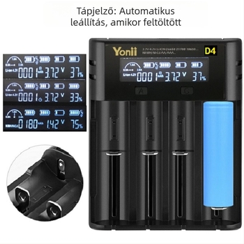 YONII négyes töltő 18650/21700 Li‑ion és 26650 NiMH akkukhoz LCD kijelzővel, bemenet 5V2A, kimenet 4.2V2A, töltési áram 2000 mA