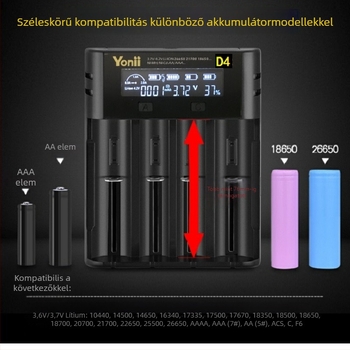 YONII négyes töltő 18650/21700 Li‑ion és 26650 NiMH akkukhoz LCD kijelzővel, bemenet 5V2A, kimenet 4.2V2A, töltési áram 2000 mA
