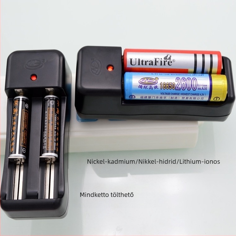Kétrekeszes Li-ion akkumulátortöltő, bemenet 100-240V, kimenet 4,2V, töltőáram 600 mA, kompatibil 18650/26650/14650 elemekhez
