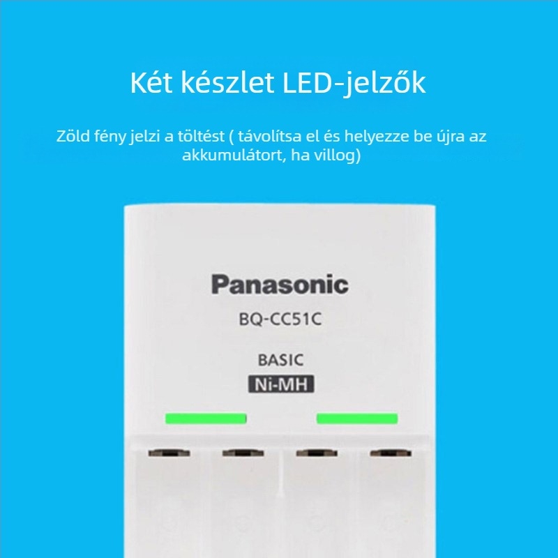 Panasonic Eneloop 4-nyílásos Ni-MH okos töltő AA/AAA akkukhoz, modell BQ-CC51C, bemeneti feszültség 100-240V AC, töltési idő 5–10 óra