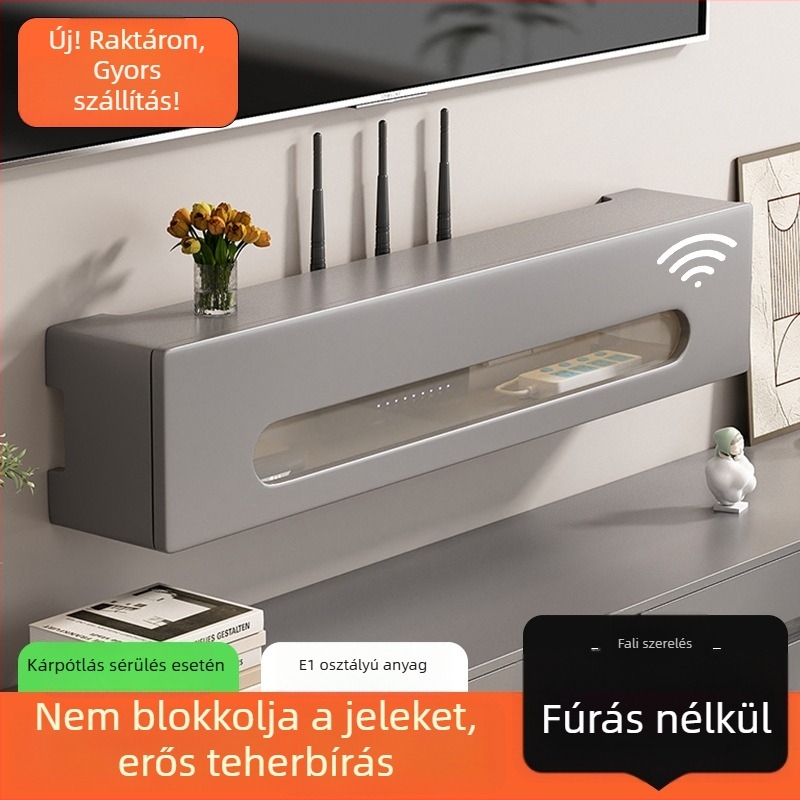 Fali router- és set-top box tároló polc — műanyag lemez, modern minimalist stílus, falra szívó rögzítés, 1 szint, többfunkciós