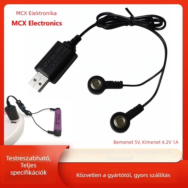 Mágneses USB töltőkábel 3.7V Li-ion akkumulátorhoz (18650) elektromos játékpisztolyhoz — bemenet 5V, kimenet 4.2V 1A