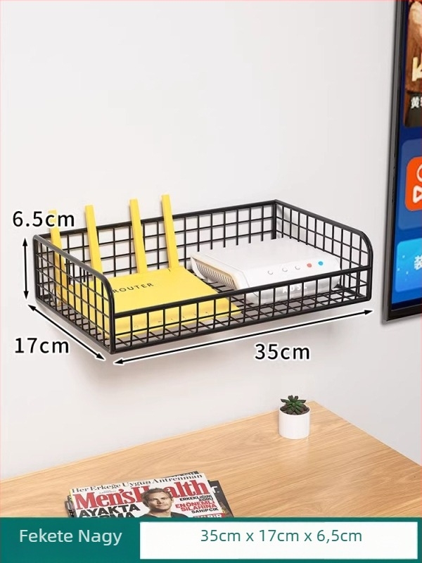 Router falra szerelhető polc Wi‑Fi set-top dobozhoz – fúrás nélkül, szénacél anyag, szívófalra szerelés, 1 réteg, hálószoba vagy nappali tároláshoz