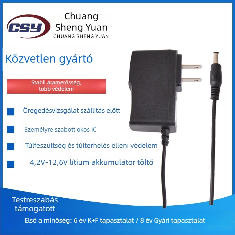 18650-polimer Li-ion akkumulátor töltő — 4.2V/1A, 8.4V/1A, 12.6V/1A; bemenet AC100-240V
