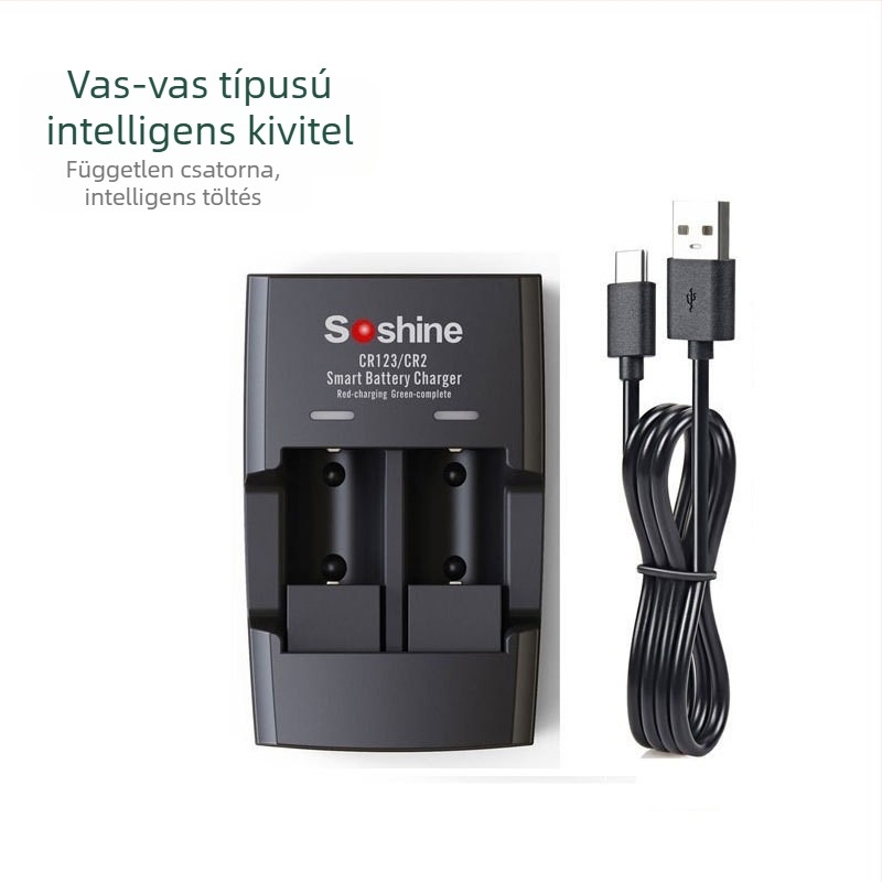 Soshine vas-lithium akkumulátor töltő CR123/CR2, 16340/14250, 3.6V, 2x500mA, bemenet 5V, CE