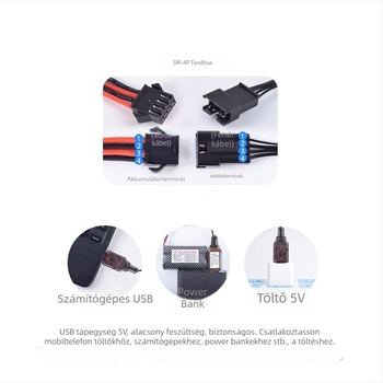 SM4P fordított töltő 7.4V Li‑ion akkumulátorhoz, 4‑pin, USB kábel, DC5V bemenet