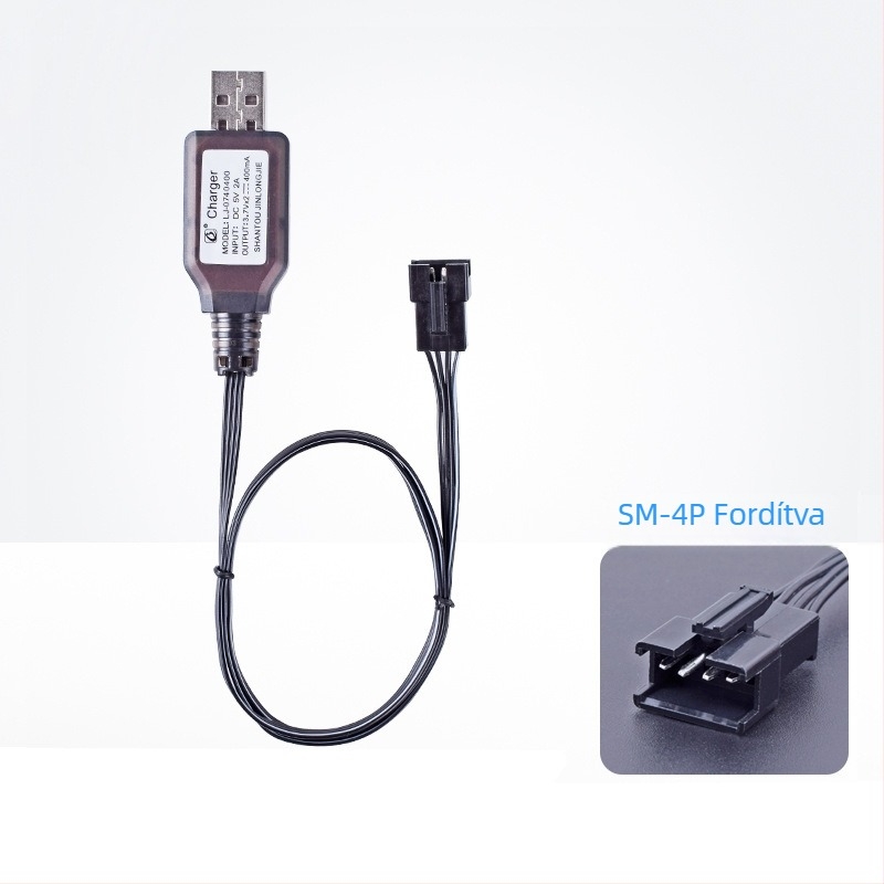 SM4P fordított töltő 7.4V Li‑ion akkumulátorhoz, 4‑pin, USB kábel, DC5V bemenet