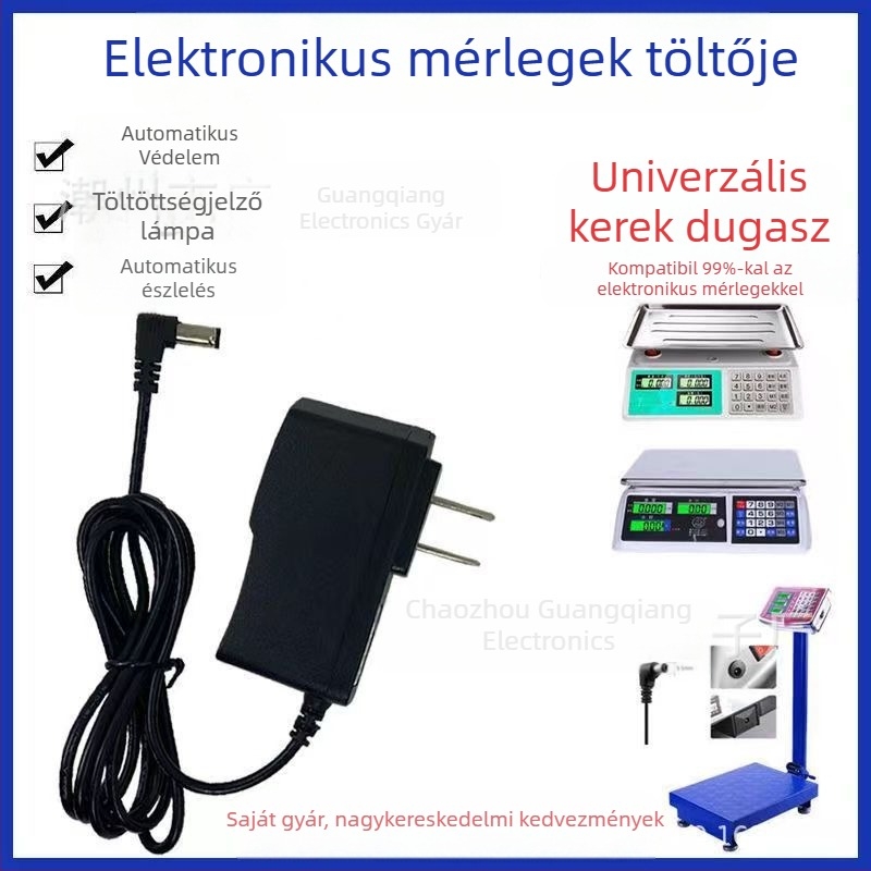 GQ elektronikus mérleg töltő kerek csatlakozóval, bemenet 100-240V AC, kimenet DC 6V 1A, 6V sorozat