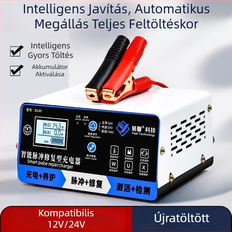 Autó akkumulátor töltő 12V/24V, nagy teljesítményű, tiszta réz, DC 10A kimenet, AC 180–240V bemenet, RoHS tanúsított
