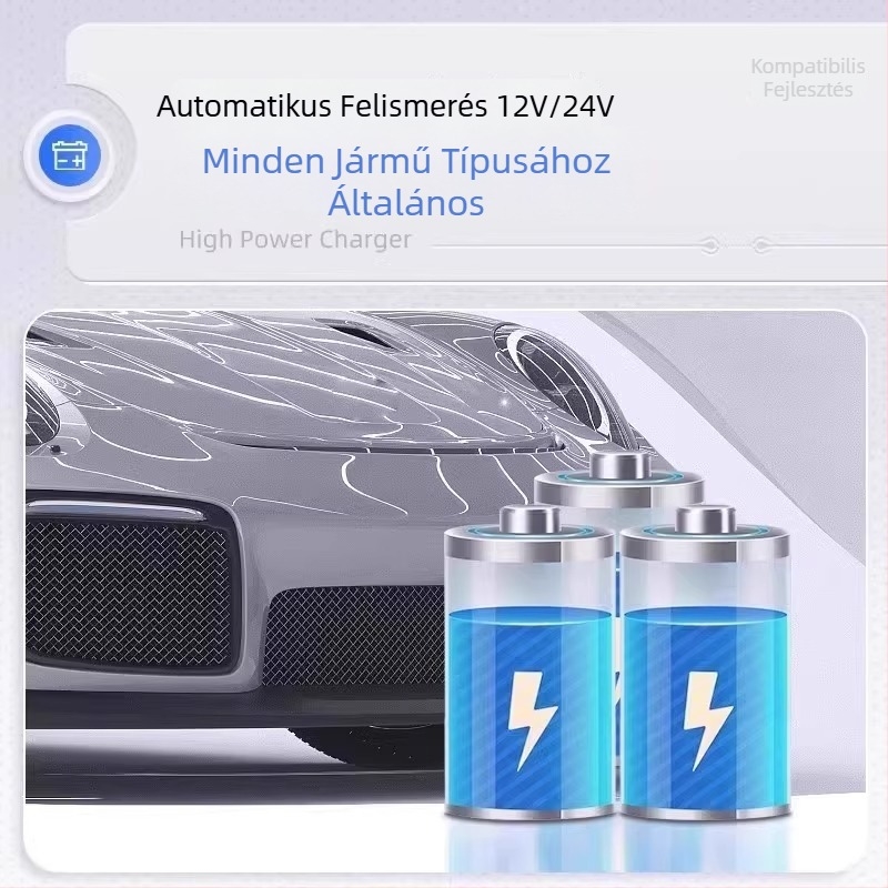 Autó akkumulátor töltő 12V/24V, nagy teljesítményű, tiszta réz, DC 10A kimenet, AC 180–240V bemenet, RoHS tanúsított