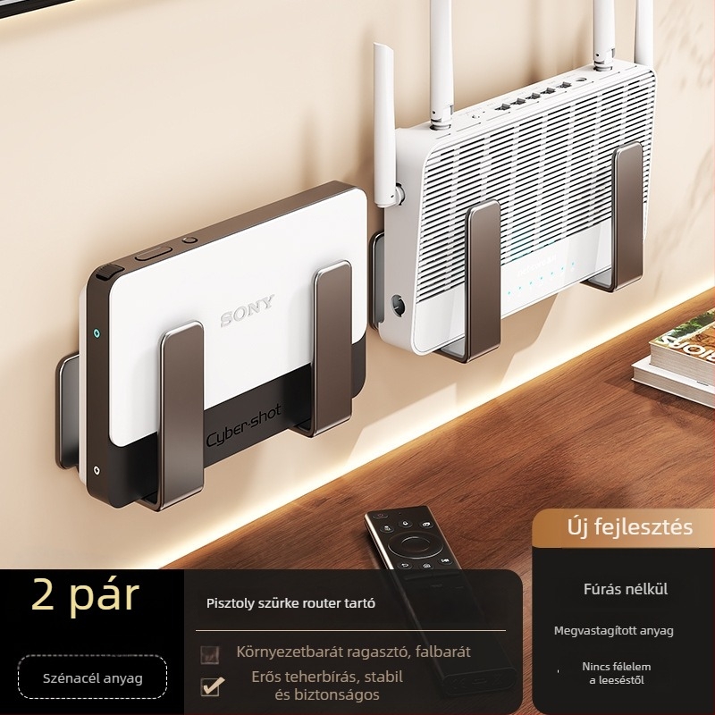 Yihengda Router elhelyező polc – ragasztóval szerelhető, fúrás nélkül, szénacél, minimalista falra szerelhető dizájn, egy szint, nappali tároló