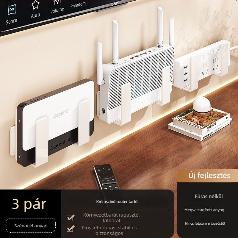Yihengda Router elhelyező polc – ragasztóval szerelhető, fúrás nélkül, szénacél, minimalista falra szerelhető dizájn, egy szint, nappali tároló