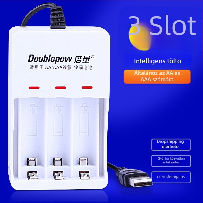 AA NiMH/NiCd számára USB 3-slots töltő, 1.2V, 150mA kimenet, 5V bemenet