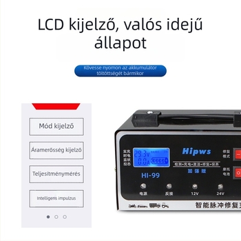 Autófeltöltő 12V/24V, továbbfejlesztett intelligens pulzus-észlelés és akkumulátor-javítás, 3 az 1-ben acél ház, bemenet 90-240V AC, kimenet 4.2V/2.9V DC