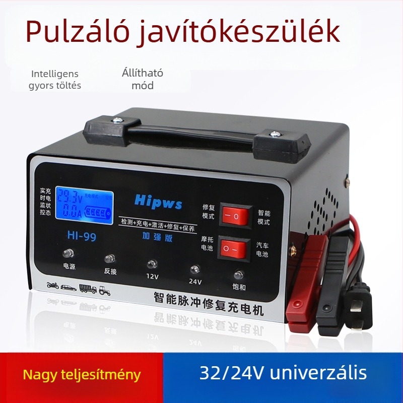 Autófeltöltő 12V/24V, továbbfejlesztett intelligens pulzus-észlelés és akkumulátor-javítás, 3 az 1-ben acél ház, bemenet 90-240V AC, kimenet 4.2V/2.9V DC