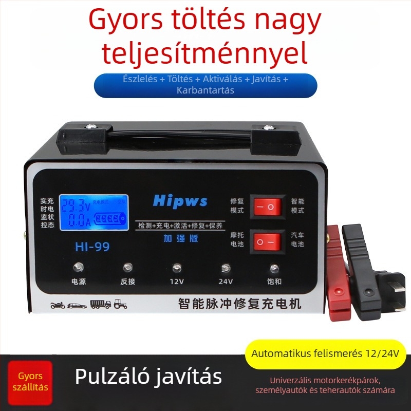 Autófeltöltő 12V/24V, továbbfejlesztett intelligens pulzus-észlelés és akkumulátor-javítás, 3 az 1-ben acél ház, bemenet 90-240V AC, kimenet 4.2V/2.9V DC