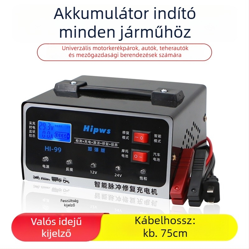 Autófeltöltő 12V/24V, továbbfejlesztett intelligens pulzus-észlelés és akkumulátor-javítás, 3 az 1-ben acél ház, bemenet 90-240V AC, kimenet 4.2V/2.9V DC