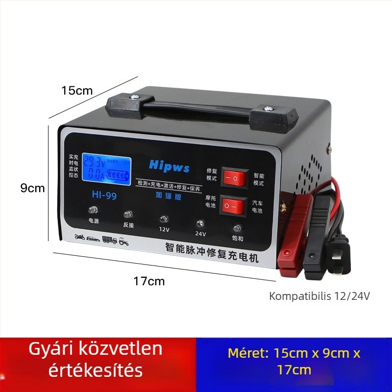 Autófeltöltő 12V/24V, továbbfejlesztett intelligens pulzus-észlelés és akkumulátor-javítás, 3 az 1-ben acél ház, bemenet 90-240V AC, kimenet 4.2V/2.9V DC