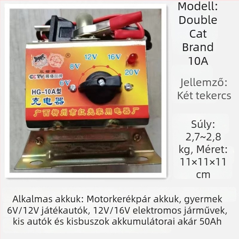 Motorkerékpár-akkumulátor töltő, állítható DC-kimenet 6V-20V, bemenet 220V AC