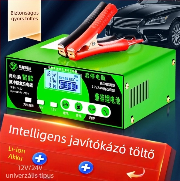 Autóakkumulátor töltő 12V/24V, ólom-savas és Li-ion akkumulátorokhoz, DC 12.6V 10A kimenet, ROHS