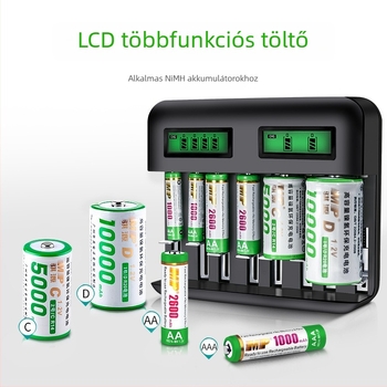 8- rekeszes LCD akkumulátortöltő C/D/AA/AAA elemekhez — USB 2A bemenet, kimenet 1.2V 1800mA, CE tanúsítvány