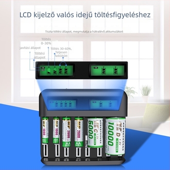 8- rekeszes LCD akkumulátortöltő C/D/AA/AAA elemekhez — USB 2A bemenet, kimenet 1.2V 1800mA, CE tanúsítvány