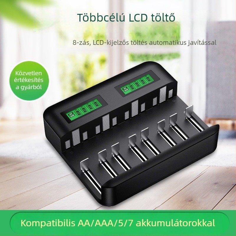 8- rekeszes LCD akkumulátortöltő C/D/AA/AAA elemekhez — USB 2A bemenet, kimenet 1.2V 1800mA, CE tanúsítvány