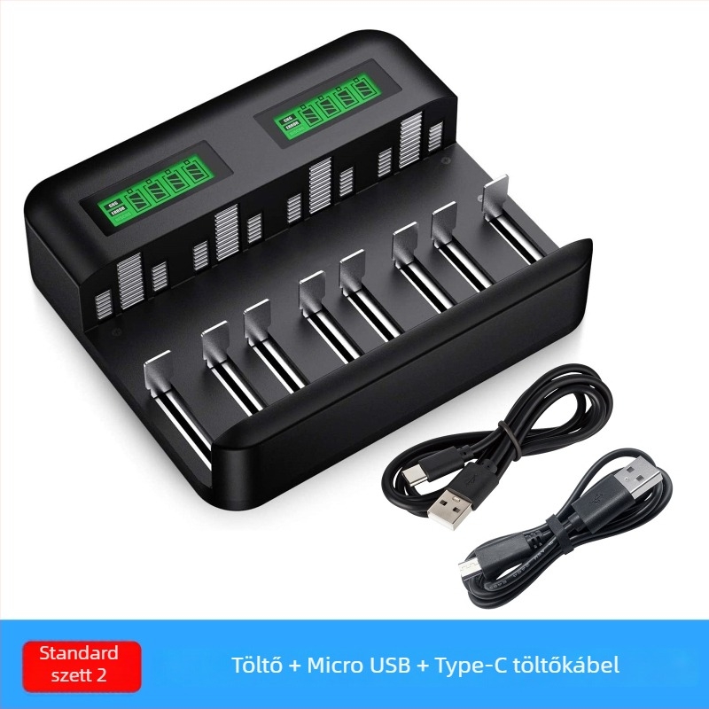 8- rekeszes LCD akkumulátortöltő C/D/AA/AAA elemekhez — USB 2A bemenet, kimenet 1.2V 1800mA, CE tanúsítvány