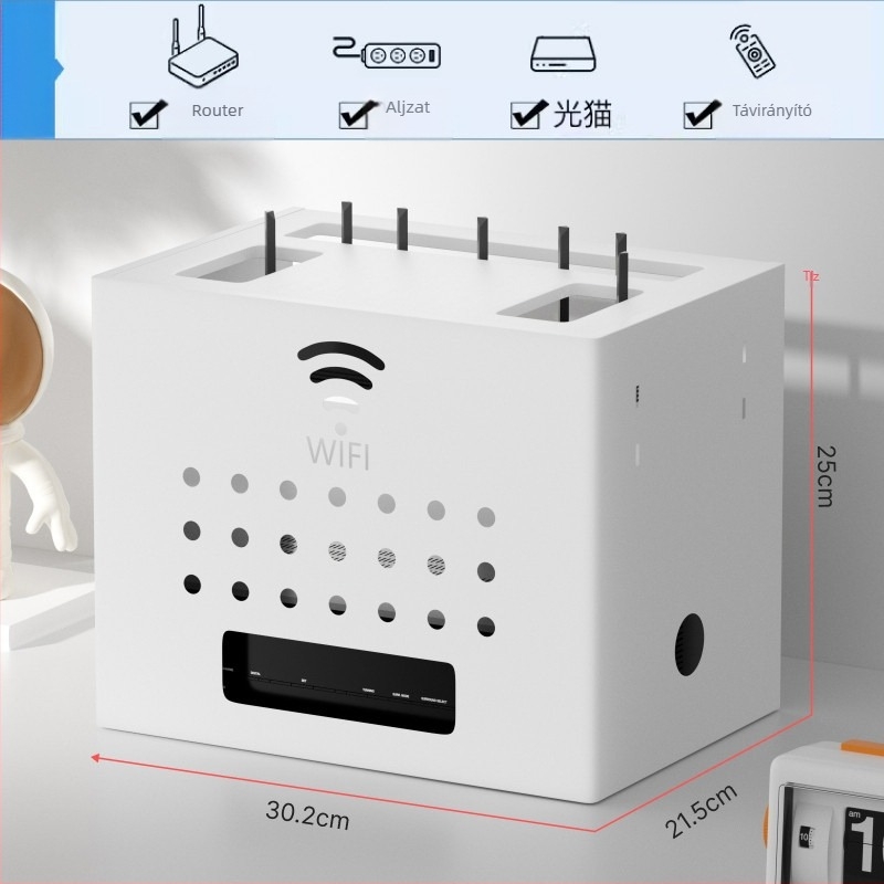 WiFi Router tároló doboz kábelkezeléssel — falra szerelt, fém, 1 réteg