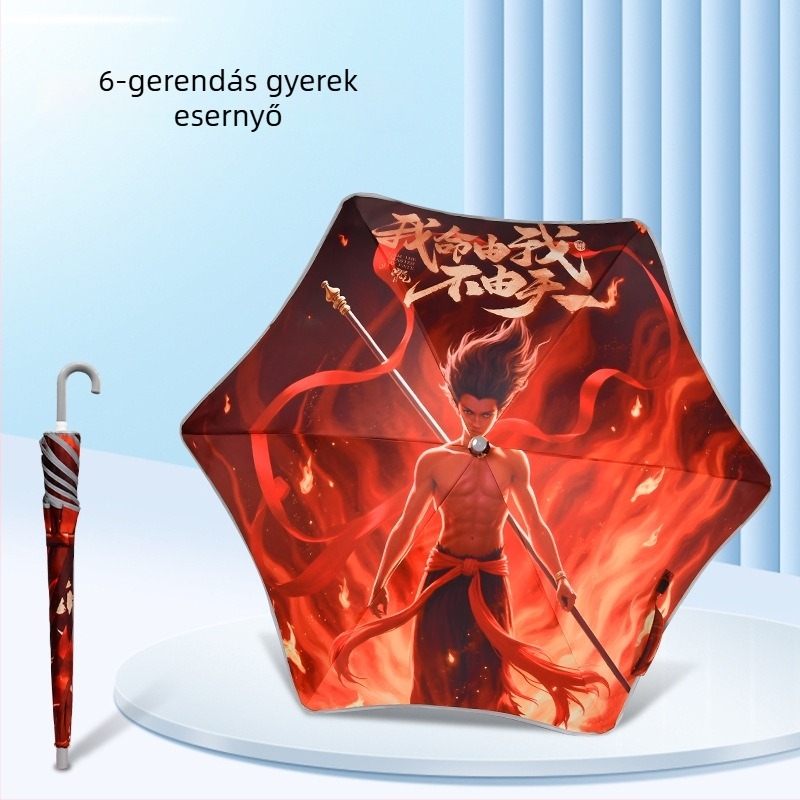 Nezha gyerekeknek szóló esernyő, hosszú nyéllel, 6 bordával, UPF50+ UV védelem, 190T ütésálló anyagú szövet vinil bevonattal