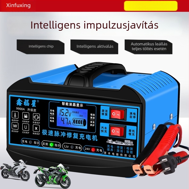 Xinfuxing 9900A nagy teljesítményű autóakkumulátor töltő, kimenet 12V-24V, bemenet 180-260V