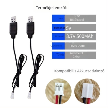 3,7V polimer Li‑ion akkumulátor USB töltőkábellel PH2.0 csatlakozóval, LED‑indikátor és védelem (Bevitel: 5V 0,5–2A; Kimenet: 3,7V 500mA; CE)