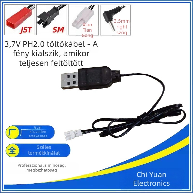 3,7V polimer Li‑ion akkumulátor USB töltőkábellel PH2.0 csatlakozóval, LED‑indikátor és védelem (Bevitel: 5V 0,5–2A; Kimenet: 3,7V 500mA; CE)