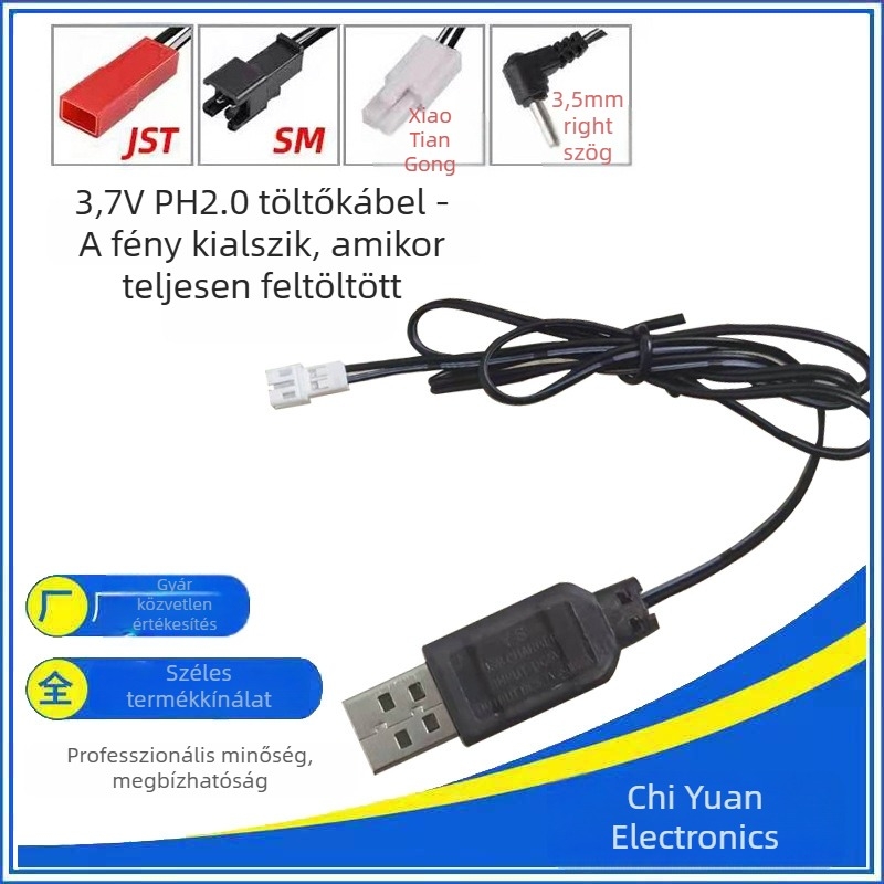 3,7V polimer Li‑ion akkumulátor USB töltőkábellel PH2.0 csatlakozóval, LED‑indikátor és védelem (Bevitel: 5V 0,5–2A; Kimenet: 3,7V 500mA; CE)