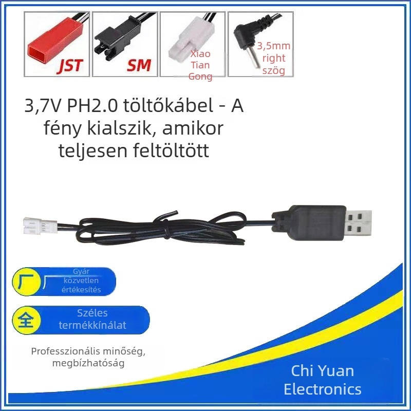 3,7V polimer Li‑ion akkumulátor USB töltőkábellel PH2.0 csatlakozóval, LED‑indikátor és védelem (Bevitel: 5V 0,5–2A; Kimenet: 3,7V 500mA; CE)