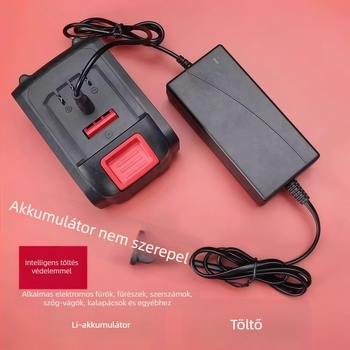 21V 2A Li-ion akkumulátor töltő elektromos szerszámokhoz – kompatibilis 12.6V/16.8V/21V akkumulátorokkal; bemenet AC100-240V; kimenet DC21V2A; CE/FCC tanúsítvány
