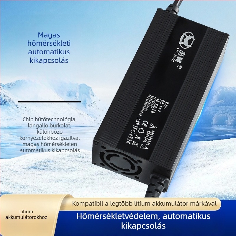 Lítium akkumulátor töltő, alumínium tokozású, nagy teljesítmény, DC 58.8V 10A kimenet, bemenet 160–280V, CE/FCC/RoHS tanúsítványok