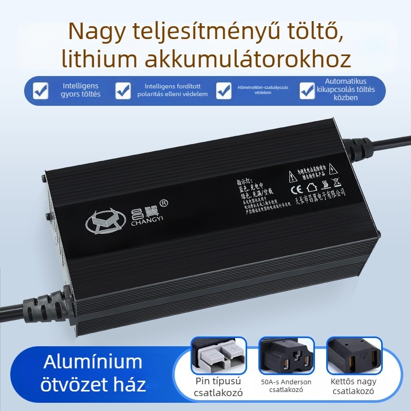 Lítium akkumulátor töltő, alumínium tokozású, nagy teljesítmény, DC 58.8V 10A kimenet, bemenet 160–280V, CE/FCC/RoHS tanúsítványok