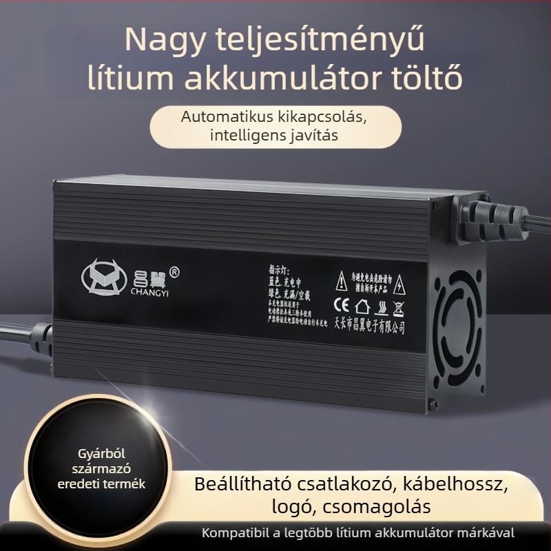 Lítium akkumulátor töltő, alumínium tokozású, nagy teljesítmény, DC 58.8V 10A kimenet, bemenet 160–280V, CE/FCC/RoHS tanúsítványok