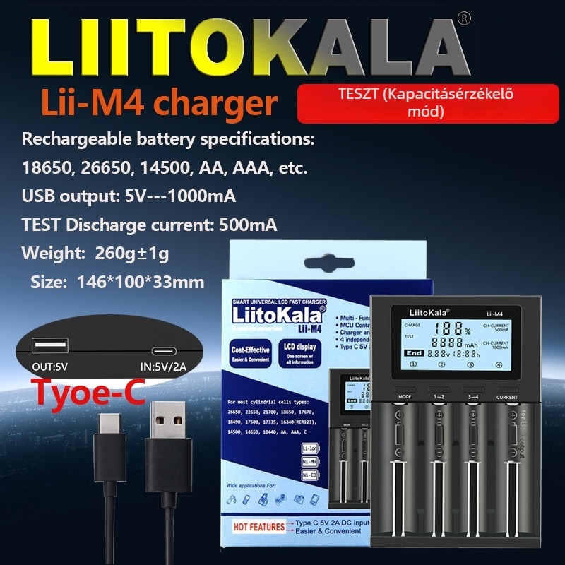 Liitokala M4 4-csatornás Li-ion akkumulátor töltő LCD kijelzővel, független csatornák, 4.20V csatornánként, 0.5A (×4) vagy 1.0A (×2), Bemenet 5V/2A, CE