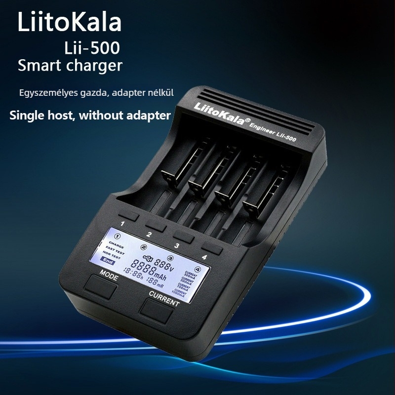 LiitoKala lii-500 lítium akkumulátor töltő LCD kijelzővel – bemenet DC12V; kimenet 4.2V 300/500/700/1000mA; kompatibil 18650/26650 cellákkal