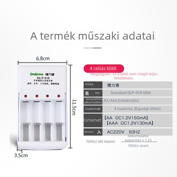 Delipow NiMH/NiCd akkumulátor töltő, 4-nyílásos, 1.2V cellánként, 150mA/130mA, bemenet 220V 50Hz, CE minősítés