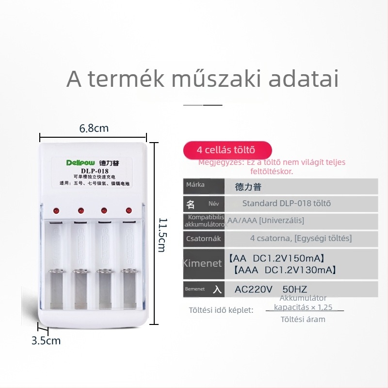 Delipow NiMH/NiCd akkumulátor töltő, 4-nyílásos, 1.2V cellánként, 150mA/130mA, bemenet 220V 50Hz, CE minősítés