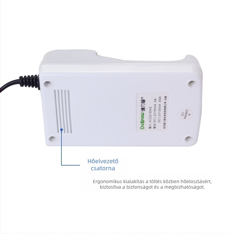 Delipow NiMH/NiCd akkumulátor töltő, 4-nyílásos, 1.2V cellánként, 150mA/130mA, bemenet 220V 50Hz, CE minősítés