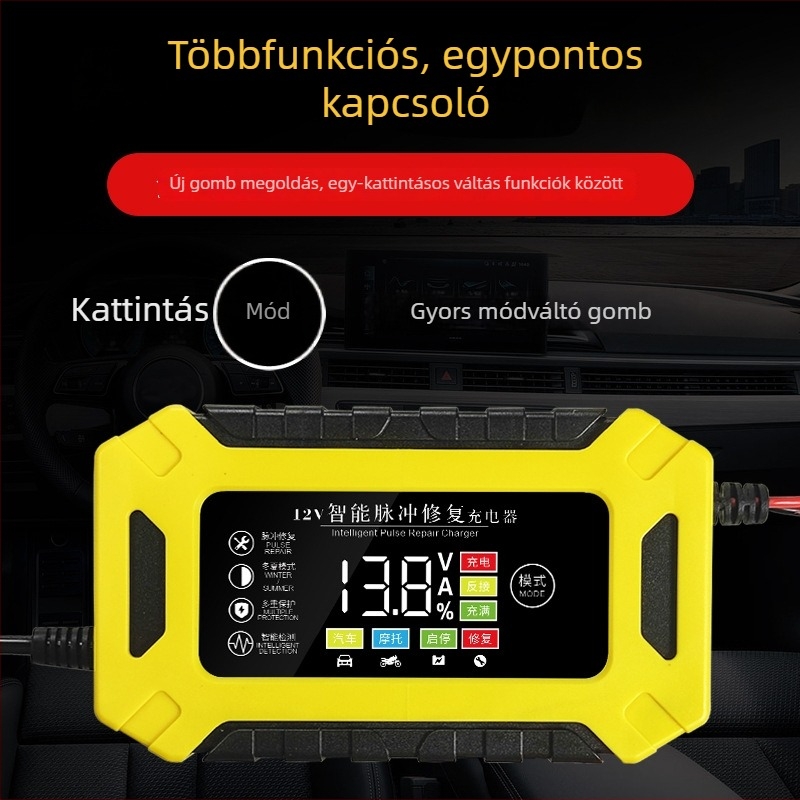Motorkerékpár-akkumulátor töltő, ólom-savas, 12V 3A/6A, intelligens kapcsoló, digitális kijelző, bemenet 90–240V