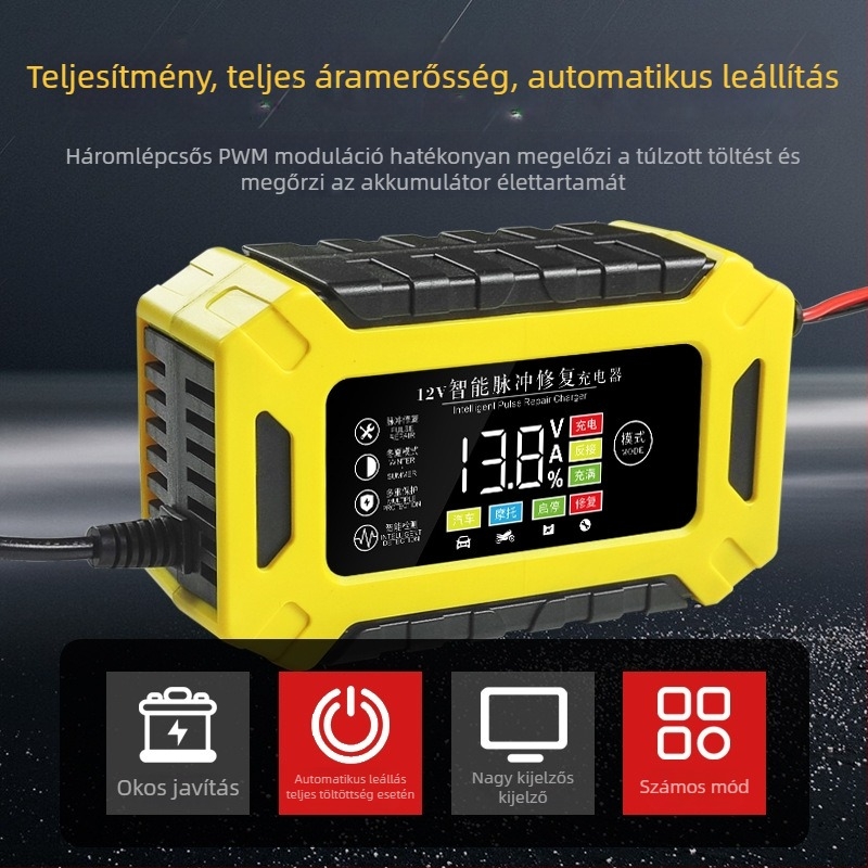 Motorkerékpár-akkumulátor töltő, ólom-savas, 12V 3A/6A, intelligens kapcsoló, digitális kijelző, bemenet 90–240V