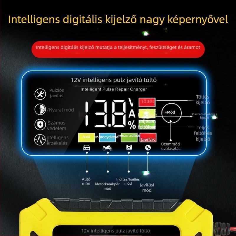 Motorkerékpár-akkumulátor töltő, ólom-savas, 12V 3A/6A, intelligens kapcsoló, digitális kijelző, bemenet 90–240V