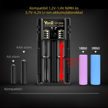 YONII Q2 Plus akkumulátortöltő, bemenet DC5V/1-2A, kimenet DC5V2A