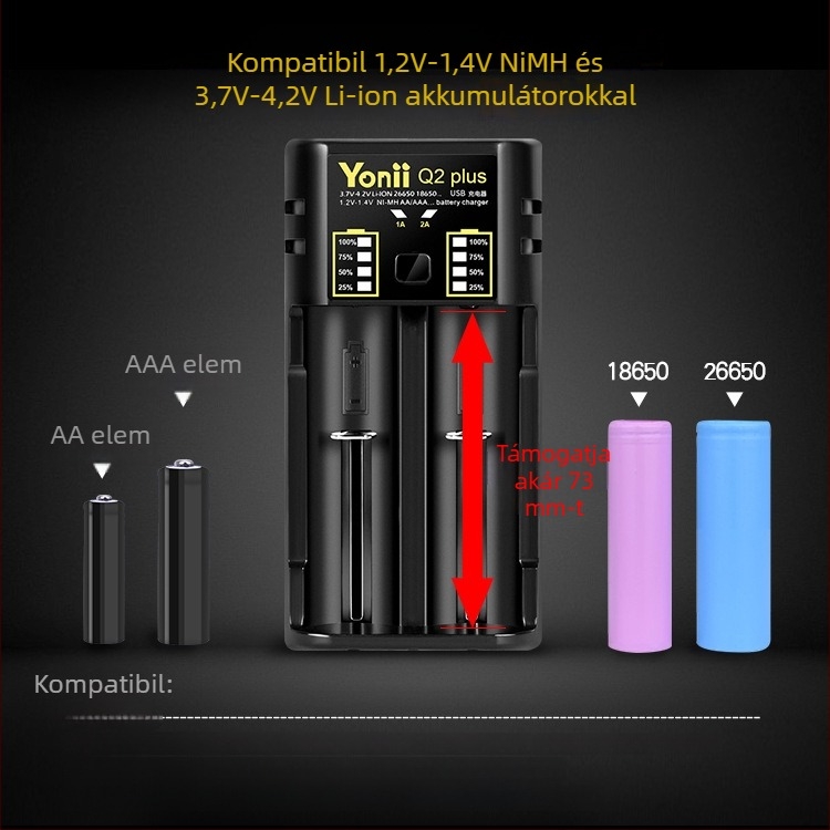 YONII Q2 Plus akkumulátortöltő, bemenet DC5V/1-2A, kimenet DC5V2A